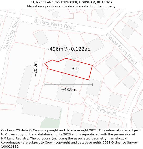 31, NYES LANE, SOUTHWATER, HORSHAM, RH13 9GP: Plot and title map