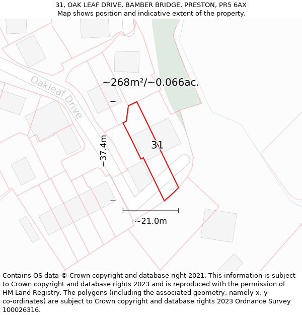 31, OAK LEAF DRIVE, BAMBER BRIDGE, PRESTON, PR5 6AX: Plot and title map