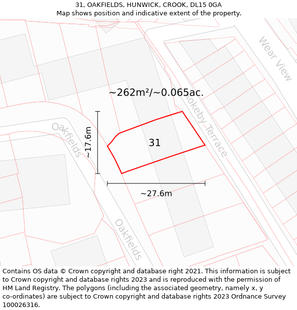 31, OAKFIELDS, HUNWICK, CROOK, DL15 0GA: Plot and title map