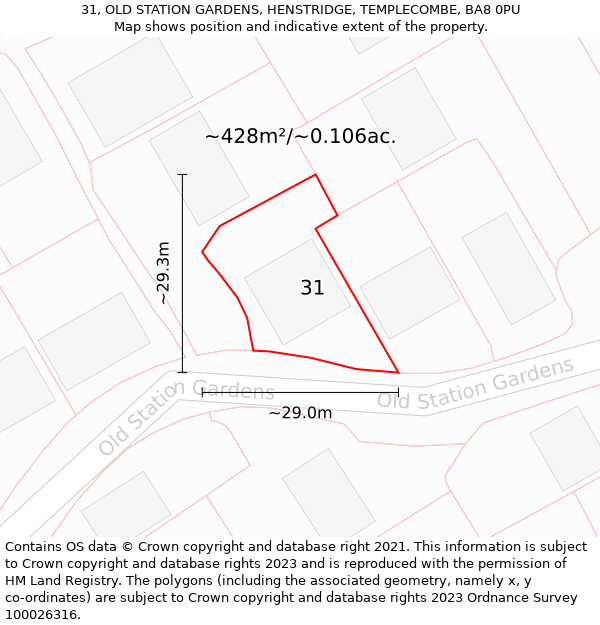 31, OLD STATION GARDENS, HENSTRIDGE, TEMPLECOMBE, BA8 0PU: Plot and title map