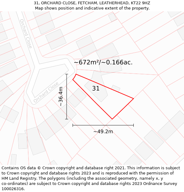 31, ORCHARD CLOSE, FETCHAM, LEATHERHEAD, KT22 9HZ: Plot and title map