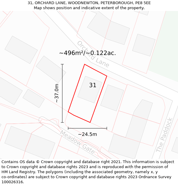 31, ORCHARD LANE, WOODNEWTON, PETERBOROUGH, PE8 5EE: Plot and title map