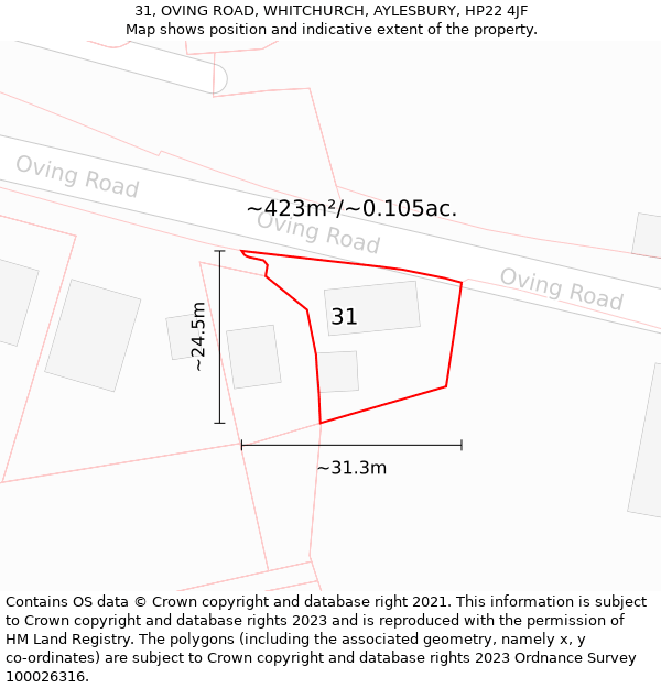 31, OVING ROAD, WHITCHURCH, AYLESBURY, HP22 4JF: Plot and title map