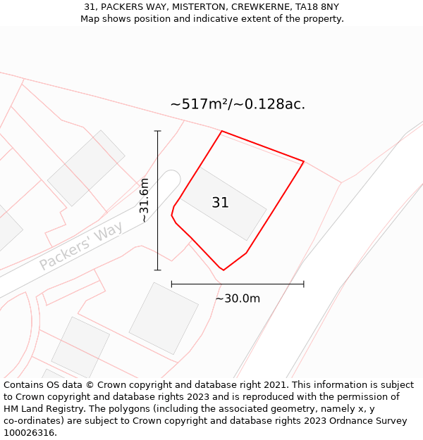 31, PACKERS WAY, MISTERTON, CREWKERNE, TA18 8NY: Plot and title map