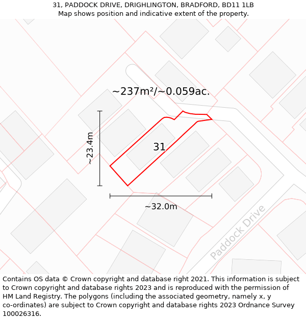 31, PADDOCK DRIVE, DRIGHLINGTON, BRADFORD, BD11 1LB: Plot and title map