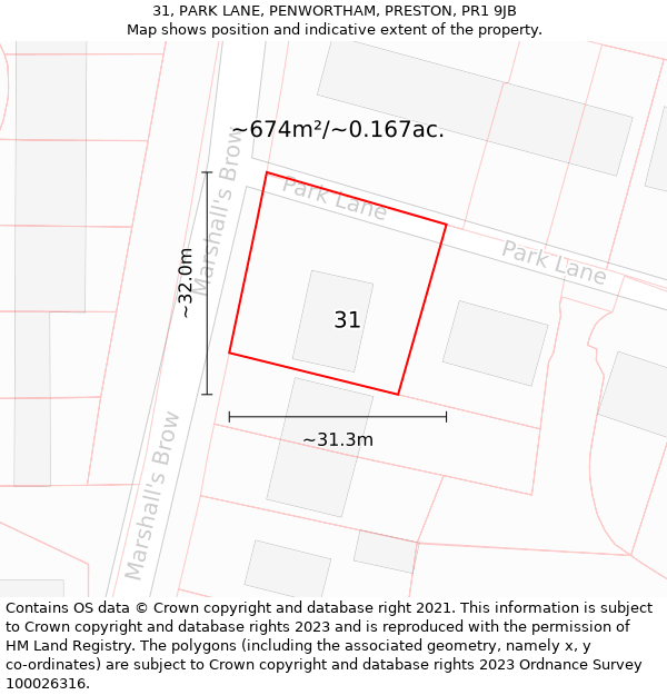 31, PARK LANE, PENWORTHAM, PRESTON, PR1 9JB: Plot and title map