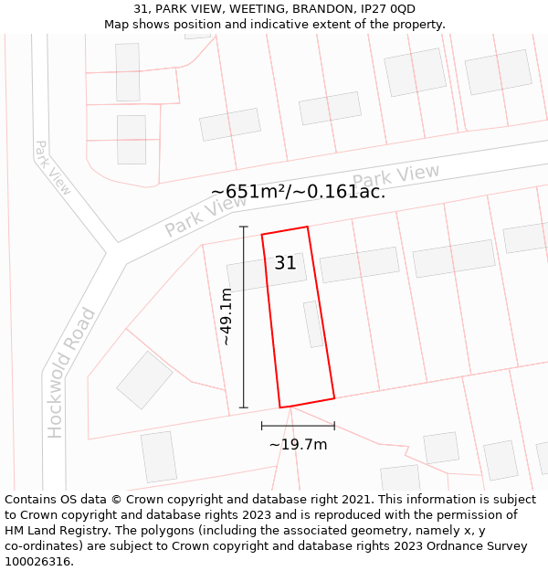 31, PARK VIEW, WEETING, BRANDON, IP27 0QD: Plot and title map