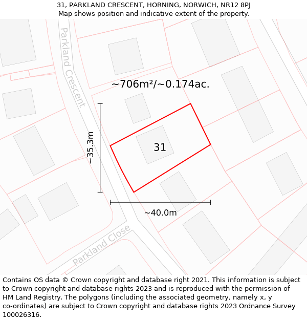 31, PARKLAND CRESCENT, HORNING, NORWICH, NR12 8PJ: Plot and title map