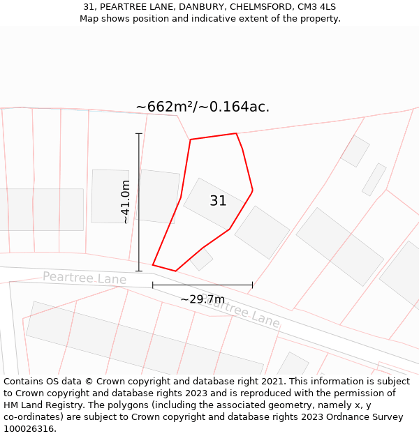 31, PEARTREE LANE, DANBURY, CHELMSFORD, CM3 4LS: Plot and title map