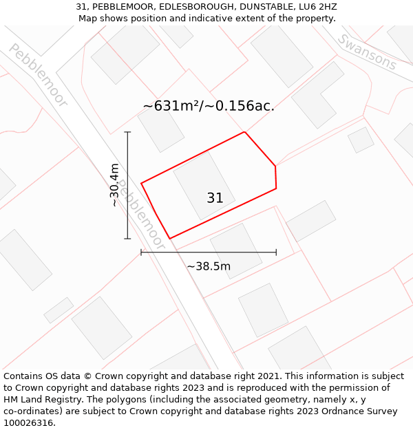 31, PEBBLEMOOR, EDLESBOROUGH, DUNSTABLE, LU6 2HZ: Plot and title map