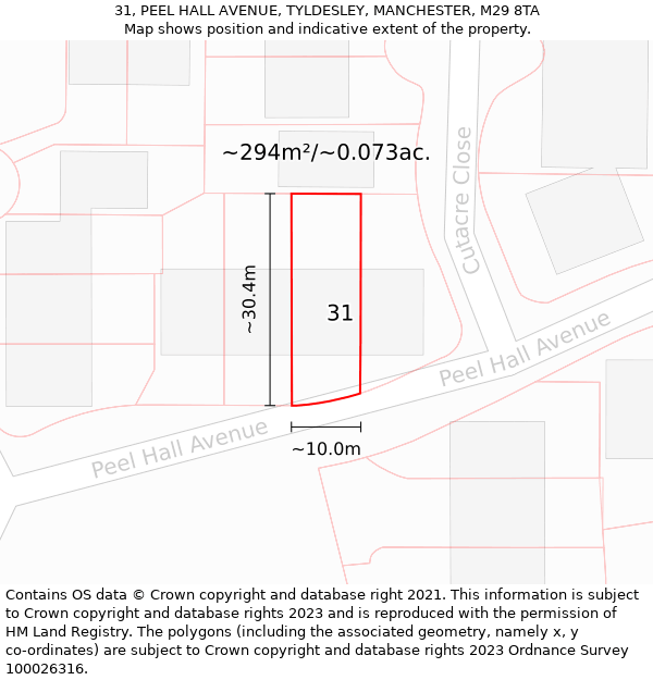 31, PEEL HALL AVENUE, TYLDESLEY, MANCHESTER, M29 8TA: Plot and title map