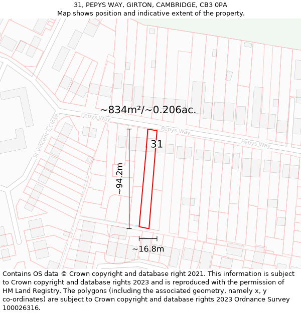 31, PEPYS WAY, GIRTON, CAMBRIDGE, CB3 0PA: Plot and title map