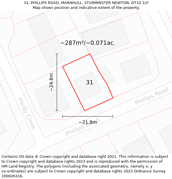 31, PHILLIPS ROAD, MARNHULL, STURMINSTER NEWTON, DT10 1LF: Plot and title map