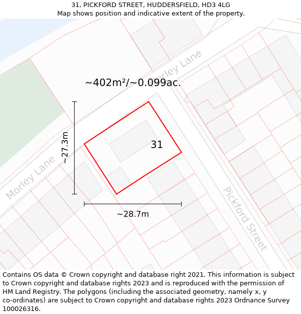 31, PICKFORD STREET, HUDDERSFIELD, HD3 4LG: Plot and title map