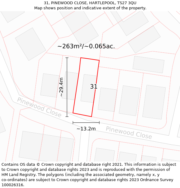 31, PINEWOOD CLOSE, HARTLEPOOL, TS27 3QU: Plot and title map