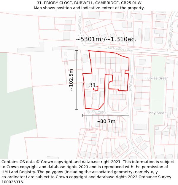 31, PRIORY CLOSE, BURWELL, CAMBRIDGE, CB25 0HW: Plot and title map