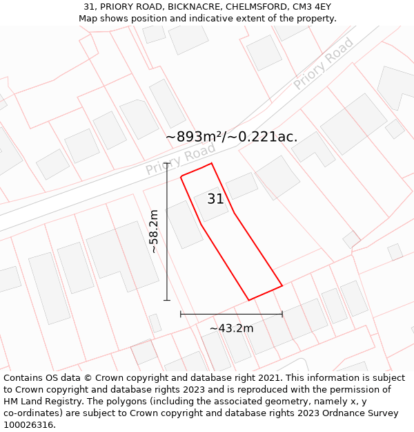 31, PRIORY ROAD, BICKNACRE, CHELMSFORD, CM3 4EY: Plot and title map