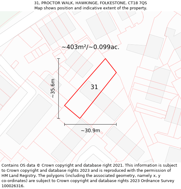 31, PROCTOR WALK, HAWKINGE, FOLKESTONE, CT18 7QS: Plot and title map