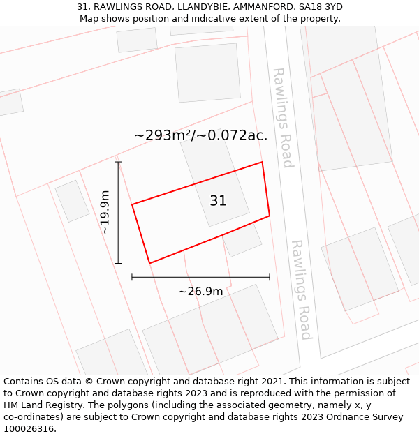 31, RAWLINGS ROAD, LLANDYBIE, AMMANFORD, SA18 3YD: Plot and title map