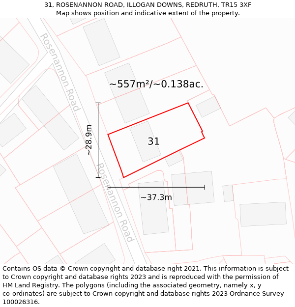 31, ROSENANNON ROAD, ILLOGAN DOWNS, REDRUTH, TR15 3XF: Plot and title map