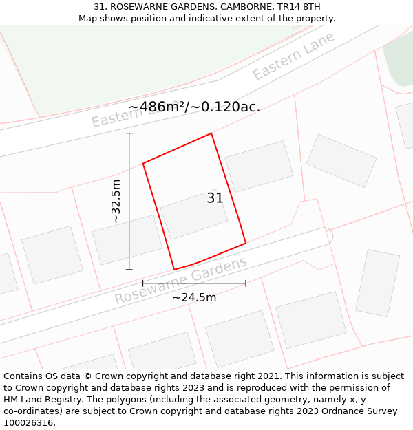 31, ROSEWARNE GARDENS, CAMBORNE, TR14 8TH: Plot and title map