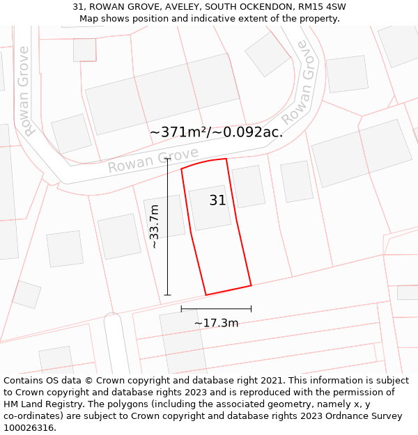 31, ROWAN GROVE, AVELEY, SOUTH OCKENDON, RM15 4SW: Plot and title map