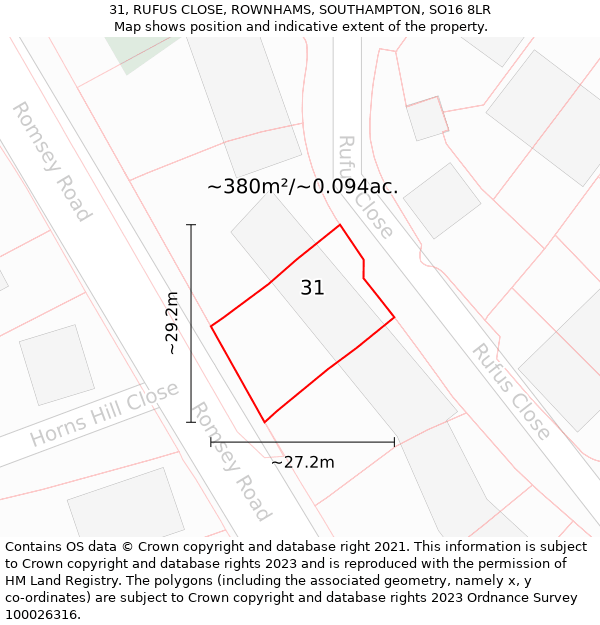 31, RUFUS CLOSE, ROWNHAMS, SOUTHAMPTON, SO16 8LR: Plot and title map