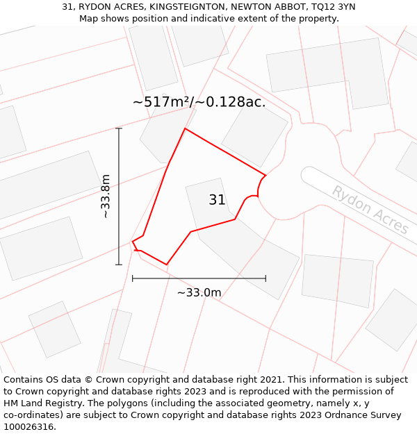 31, RYDON ACRES, KINGSTEIGNTON, NEWTON ABBOT, TQ12 3YN: Plot and title map