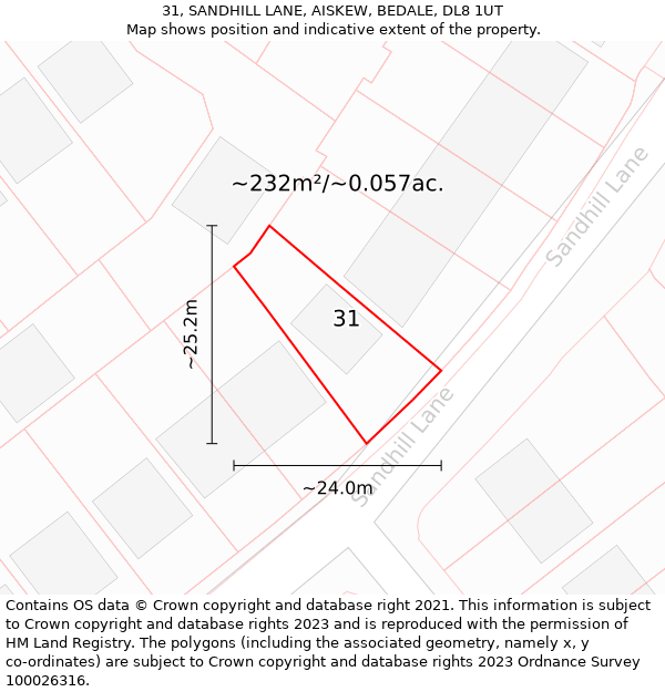 31, SANDHILL LANE, AISKEW, BEDALE, DL8 1UT: Plot and title map