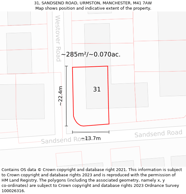 31, SANDSEND ROAD, URMSTON, MANCHESTER, M41 7AW: Plot and title map