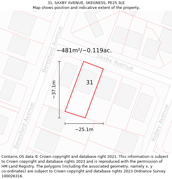 31, SAXBY AVENUE, SKEGNESS, PE25 3LE: Plot and title map