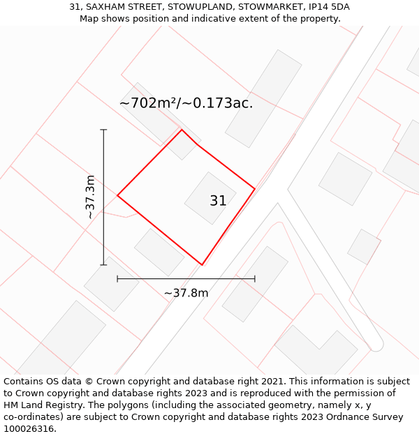 31, SAXHAM STREET, STOWUPLAND, STOWMARKET, IP14 5DA: Plot and title map