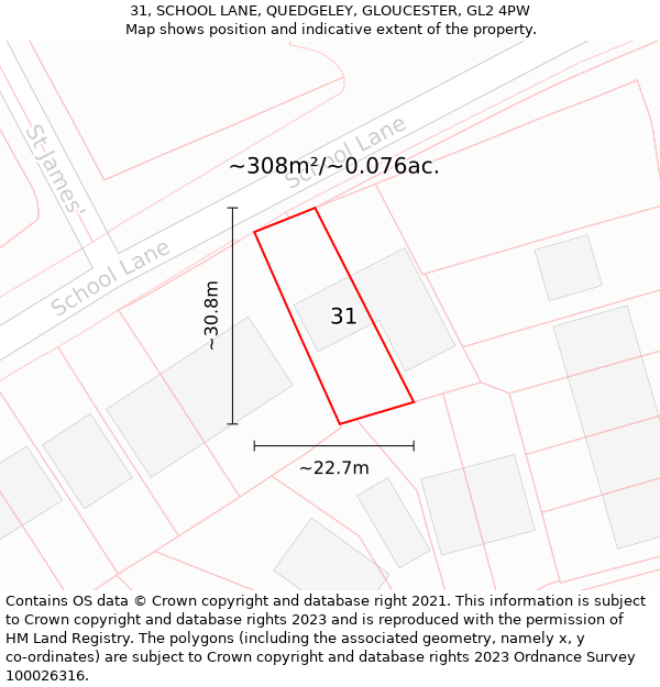 31, SCHOOL LANE, QUEDGELEY, GLOUCESTER, GL2 4PW: Plot and title map