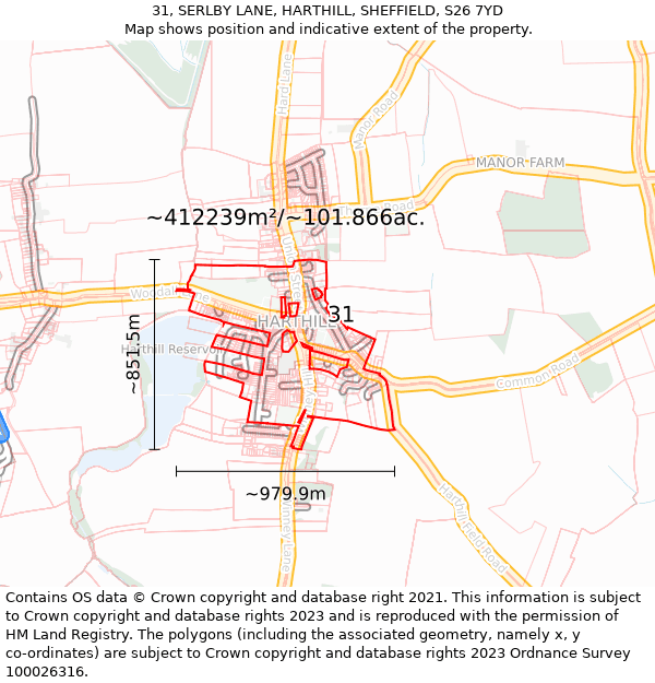 31, SERLBY LANE, HARTHILL, SHEFFIELD, S26 7YD: Plot and title map