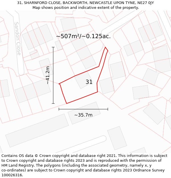 31, SHARNFORD CLOSE, BACKWORTH, NEWCASTLE UPON TYNE, NE27 0JY: Plot and title map