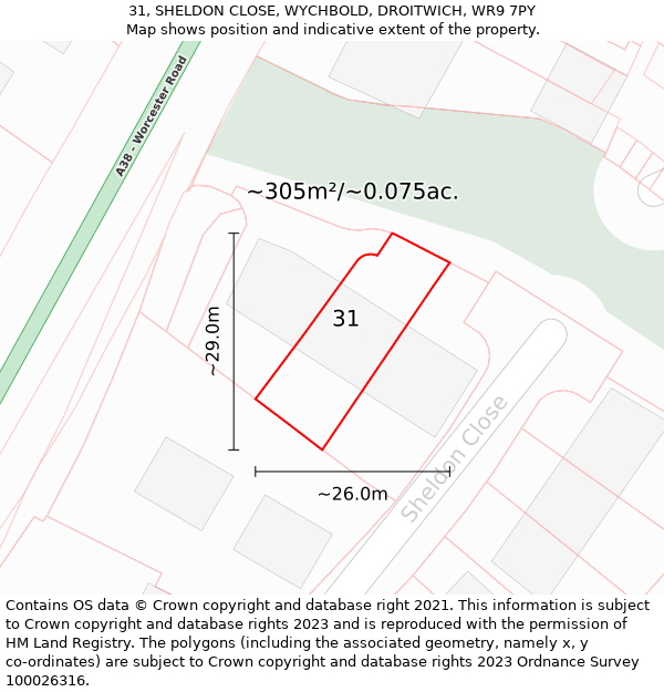 31, SHELDON CLOSE, WYCHBOLD, DROITWICH, WR9 7PY: Plot and title map