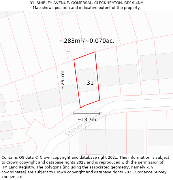 31, SHIRLEY AVENUE, GOMERSAL, CLECKHEATON, BD19 4NA: Plot and title map