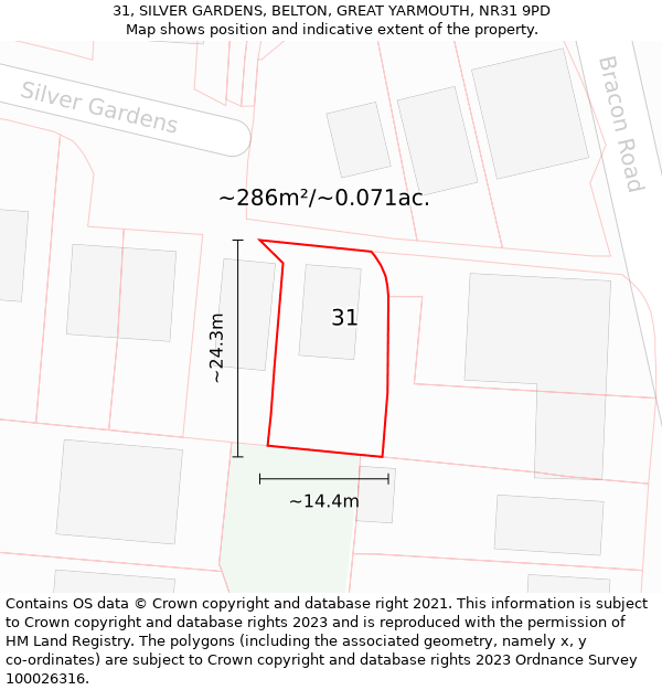 31, SILVER GARDENS, BELTON, GREAT YARMOUTH, NR31 9PD: Plot and title map