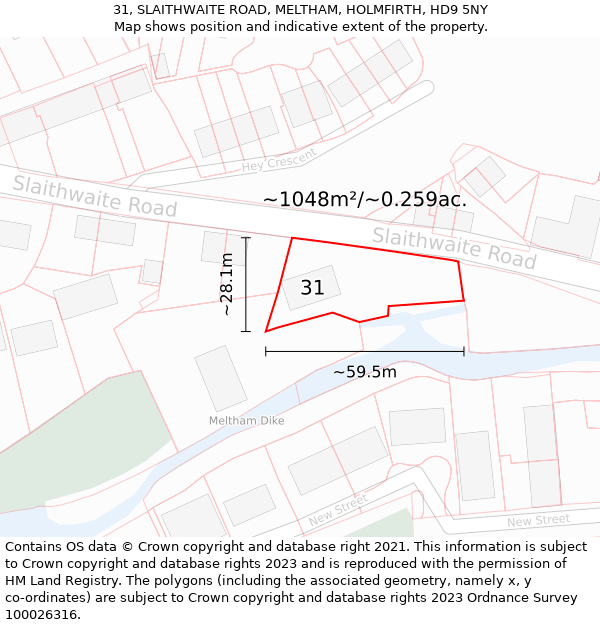 31, SLAITHWAITE ROAD, MELTHAM, HOLMFIRTH, HD9 5NY: Plot and title map