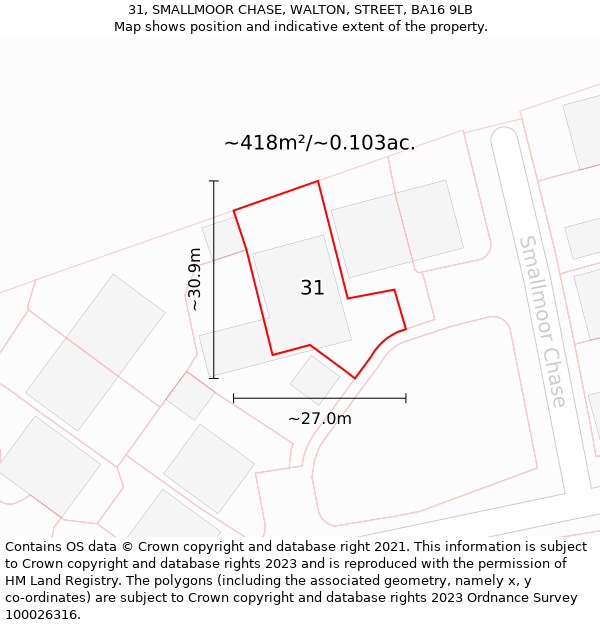 31, SMALLMOOR CHASE, WALTON, STREET, BA16 9LB: Plot and title map