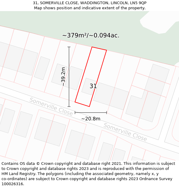 31, SOMERVILLE CLOSE, WADDINGTON, LINCOLN, LN5 9QP: Plot and title map