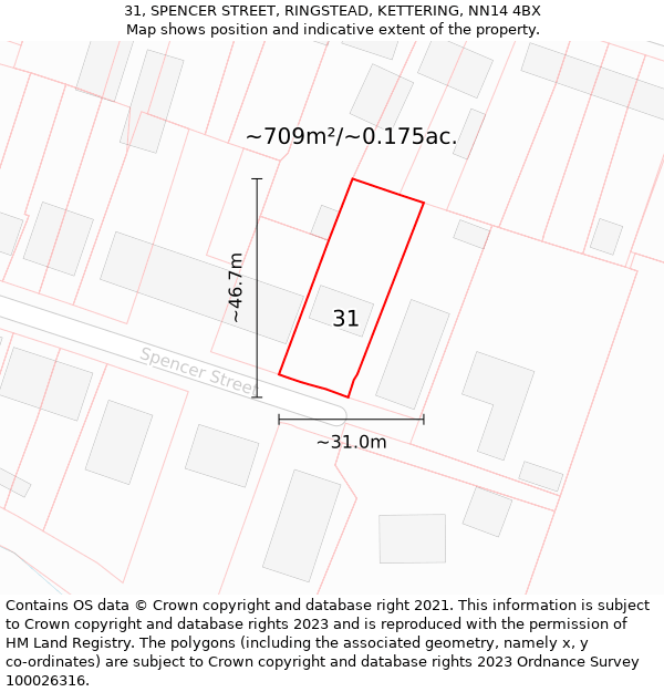31, SPENCER STREET, RINGSTEAD, KETTERING, NN14 4BX: Plot and title map