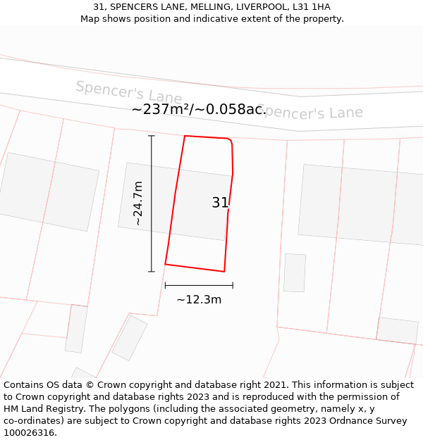 31, SPENCERS LANE, MELLING, LIVERPOOL, L31 1HA: Plot and title map