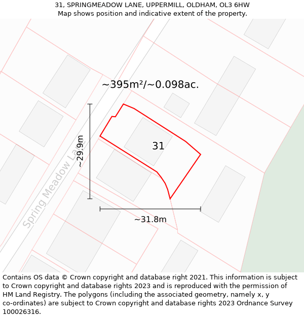 31, SPRINGMEADOW LANE, UPPERMILL, OLDHAM, OL3 6HW: Plot and title map