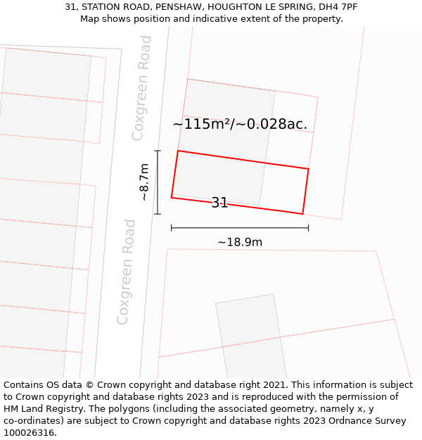 31, STATION ROAD, PENSHAW, HOUGHTON LE SPRING, DH4 7PF: Plot and title map