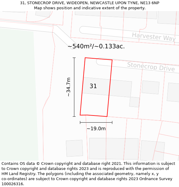 31, STONECROP DRIVE, WIDEOPEN, NEWCASTLE UPON TYNE, NE13 6NP: Plot and title map