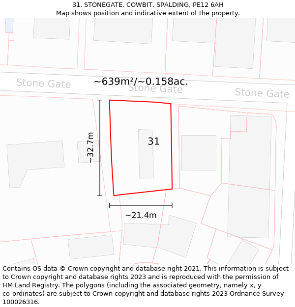 31, STONEGATE, COWBIT, SPALDING, PE12 6AH: Plot and title map