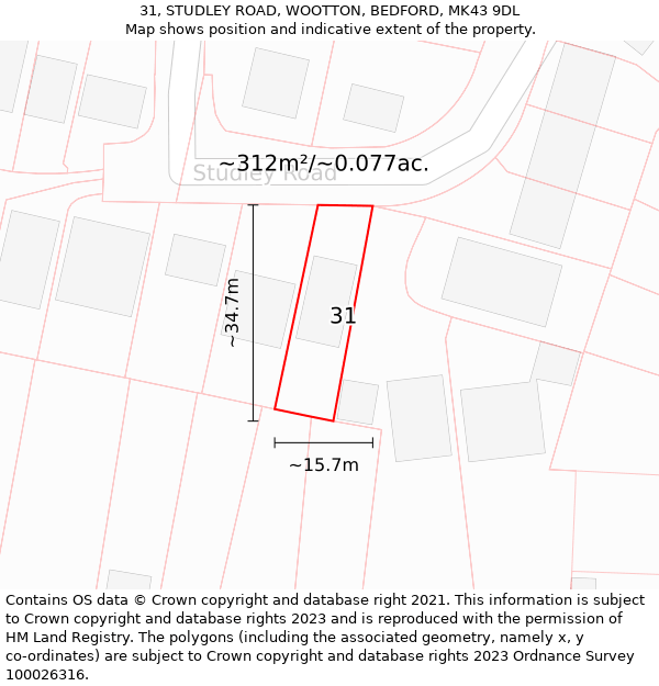 31, STUDLEY ROAD, WOOTTON, BEDFORD, MK43 9DL: Plot and title map