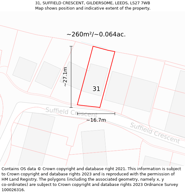 31, SUFFIELD CRESCENT, GILDERSOME, LEEDS, LS27 7WB: Plot and title map