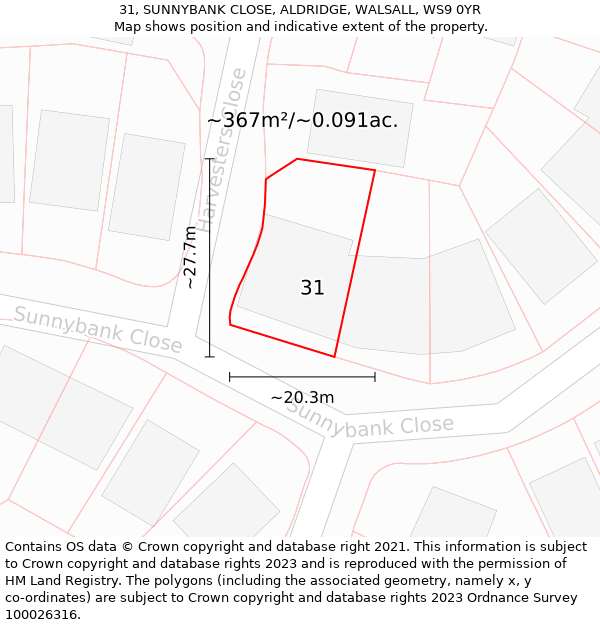 31, SUNNYBANK CLOSE, ALDRIDGE, WALSALL, WS9 0YR: Plot and title map